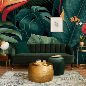 Green tropical wallpaper, monstera leaf | Wall Decor | Home Renovation | Wall Art | Peel and Stick Or Non Self-Adhesive Vinyl Wallpaper