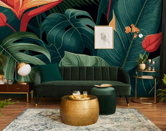 Green tropical wallpaper, monstera leaf | Wall Decor | Home Renovation | Wall Art | Peel and Stick Or Non Self-Adhesive Vinyl Wallpaper