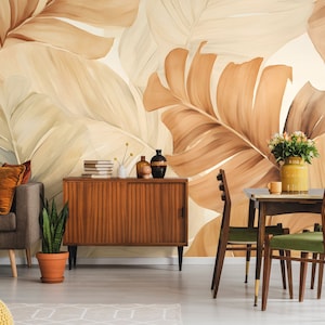 Beige tropical palm leaf wall mural | Wall Decor | Home Renovation | Wall Art | Peel and Stick Or Non Self-Adhesive Vinyl Wallpaper