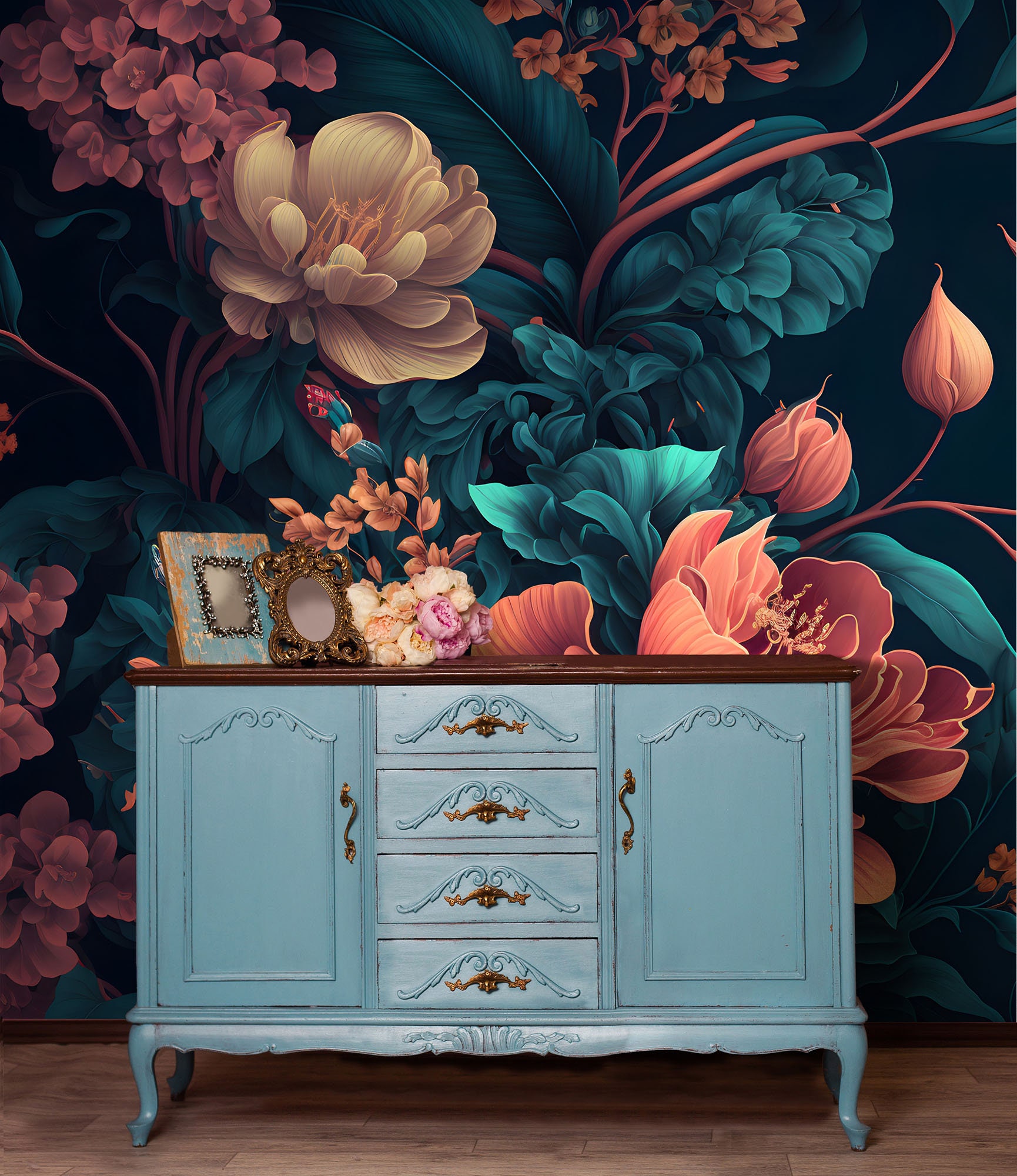 Dark Floral Wallpaper With Flower and Leaf | Wall Decor | Home ...