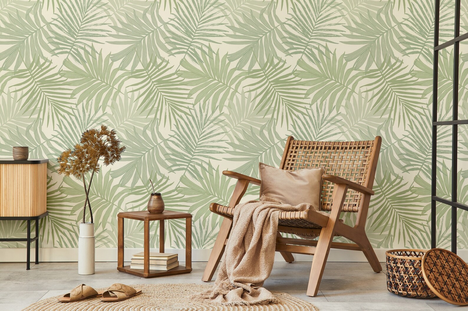 Pastel Green Palm Leaves Tropical Wallpaper | Wall Decor | Home ...