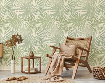 Papel pintado tropical con hojas de palmera verde pastel / Decoración de pared / Reforma del hogar / Arte mural / Papel pintado de vinilo autoadhesivo o no autoadhesivo