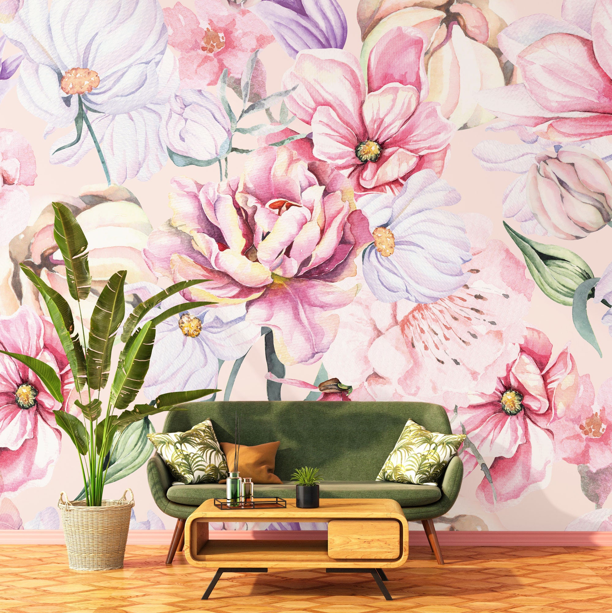 Blooming Floral Wallpaper, Watercolor Pastel | Wall Decor | Home ...