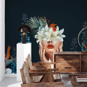 Blumen Tapete, Frauenportrait Wandbild | Wanddekoration | Haus-Renovierung | Wandkunst | Schälen und kleben oder nicht selbstklebende Vinyltapete