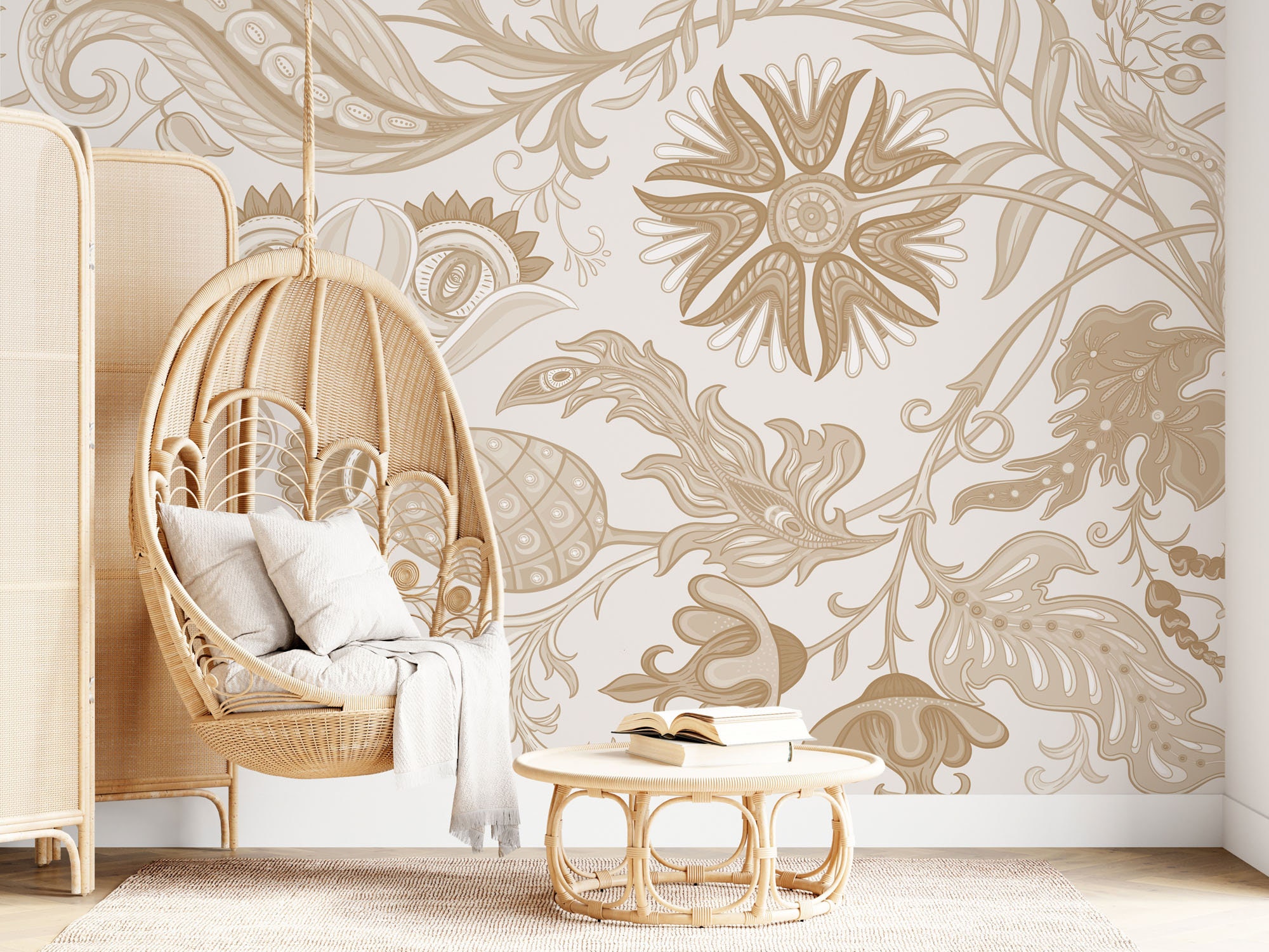 Abstraktes Blumenwandbild im Boho-Stil | Wanddekoration | Haus-Renovierung | Wandkunst | Schälen und kleben oder nicht selbstklebende Vinyltapete