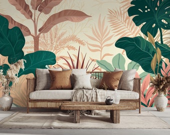 Warm abstract tropical jungle wallpaper | Wall Decor | Home Renovation | Wall Art | Peel and Stick Or Non Self-Adhesive Vinyl Wallpaper