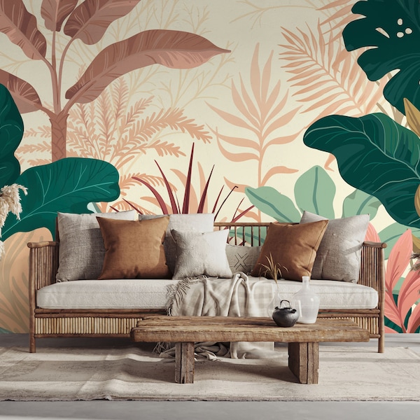 Warm abstract tropical jungle wallpaper | Wall Decor | Home Renovation | Wall Art | Peel and Stick Or Non Self-Adhesive Vinyl Wallpaper