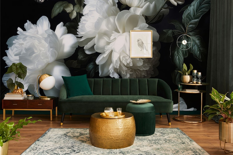 Buy Dark Floral Wall Mural, White Peony Print Wall Decor Home