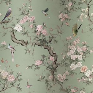 Vogel und Pfingstrose Wallpaper Blumenwanddekor Haus-Renovierung Wandkunst Schälen und kleben oder nicht selbstklebende Vinyltapete Bild 5