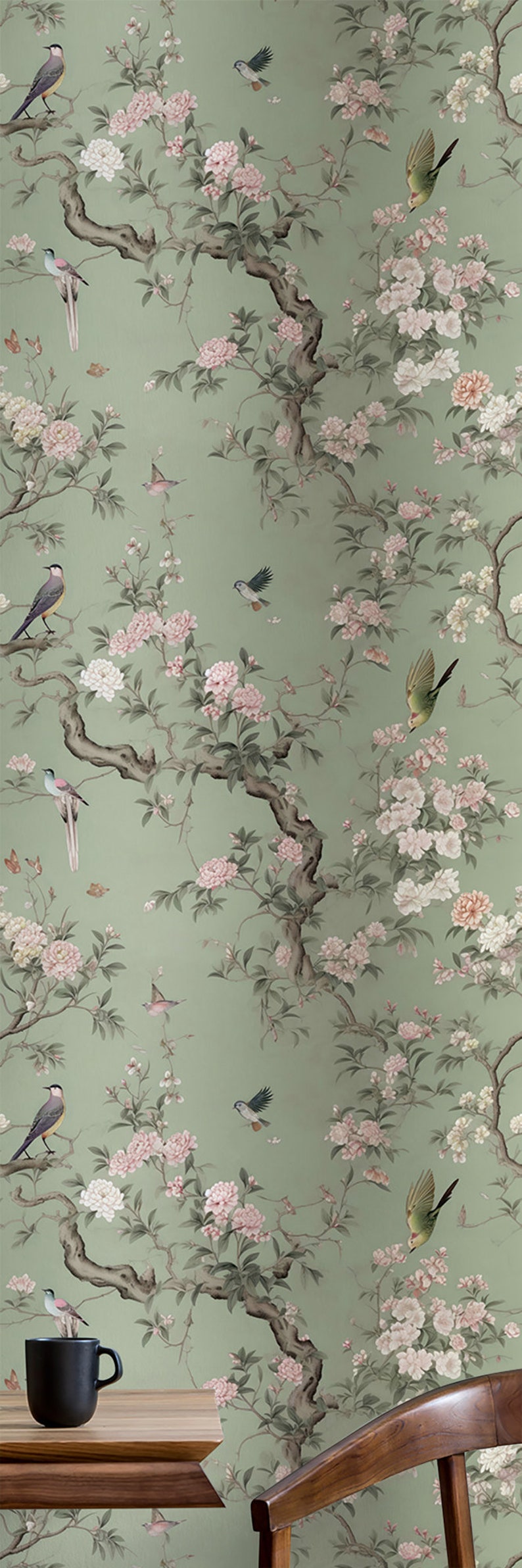 Vogel und Pfingstrose Wallpaper Blumenwanddekor Haus-Renovierung Wandkunst Schälen und kleben oder nicht selbstklebende Vinyltapete Bild 5