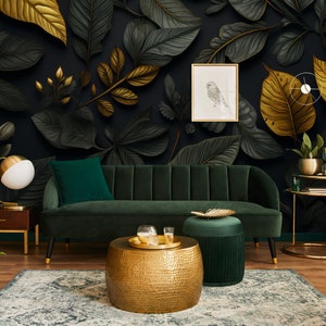Tropical leaf wallpaper, dark background | Wall Decor | Home Renovation | Wall Art | Peel and Stick Or Non Self-Adhesive Vinyl Wallpaper