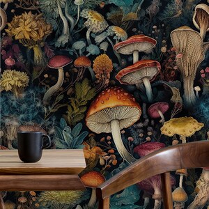 Vintage Dark Wallpaper With Mushroom Pattern | Wall Decor | Home ...