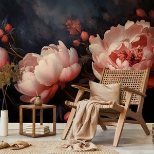 Pink peony floral wall mural | Wall Decor | Home Renovation | Wall Art | Peel and Stick Or Non Self-Adhesive Vinyl Wallpaper
