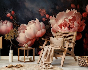 ピンクの牡丹の花柄壁画 | 壁装飾 | 家のリフォーム | ウォールアート | 貼ってはがせるタイプまたは粘着剤なしのビニール壁紙