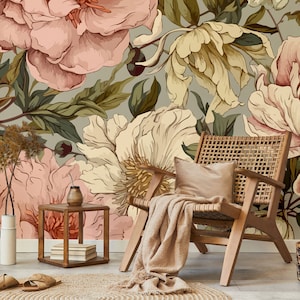 Retro peony flower wallpaper, floral pattern | Wall Decor | Home Renovation | Wall Art | Peel and Stick Or Non Self-Adhesive Vinyl Wallpaper