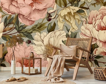 Retro peony flower wallpaper, floral pattern | Wall Decor | Home Renovation | Wall Art | Peel and Stick Or Non Self-Adhesive Vinyl Wallpaper