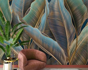 Grüne tropische Blatttapete | Wanddekoration | Haus-Renovierung | Wandkunst | Schälen und kleben oder nicht selbstklebende Vinyltapete