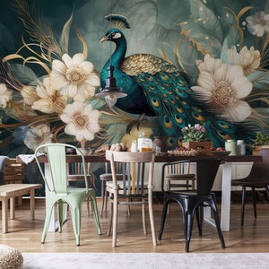Pfau Blumen Blumen artdeco Tapete | Wanddekoration | Haus-Renovierung | Wandkunst | Schälen und kleben oder nicht selbstklebende Vinyltapete