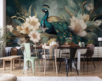 May include: A teal and gold peacock with its tail feathers spread out, perched on a branch with white flowers and gold leaves against a dark teal background. The peacock is in a dining room setting with a wooden table and chairs.