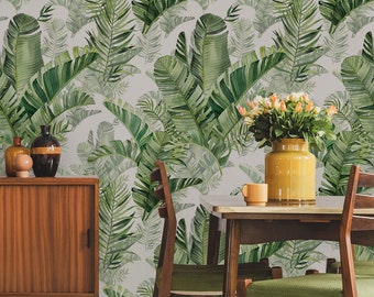 Waterverf tropisch bladerenbehang | Bloemen wanddecoratie | Woningrenovatie | Kunst aan de muur | Schil en plak of niet-zelfklevend vinylbehang