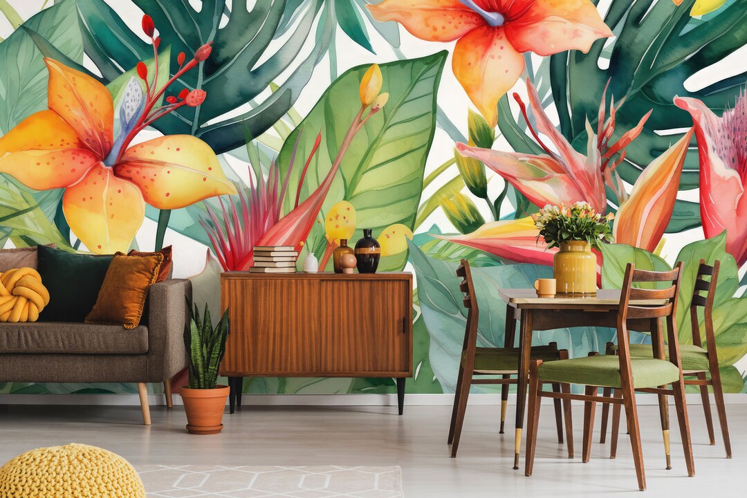 Tropical Flower & Leaf Botanical Wallpaper | Wall Decor | Home ...
