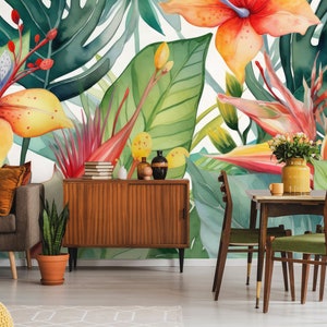 Tropische Blume und Blatt botanische Tapete | Wanddekoration | Haus-Renovierung | Wandkunst | Schälen und kleben oder nicht selbstklebende Vinyltapete
