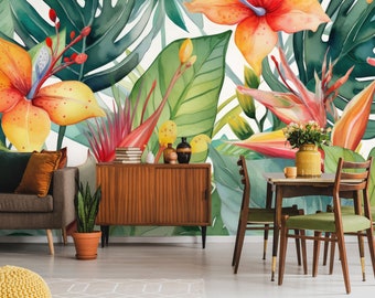 Tropical flower & leaf botanical wallpaper | Wall Decor | Home Renovation | Wall Art | Peel and Stick Or Non Self-Adhesive Vinyl Wallpaper