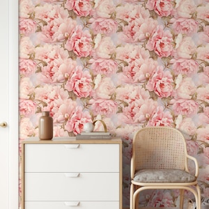 Pastel pink peony flower pattern wallpaper | Wall Decor | Home Renovation | Wall Art | Peel and Stick Or Non Self-Adhesive Vinyl Wallpaper