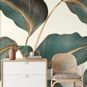 Tropical leaves wallpaper botanical patter Tropical Wall Decor | Home Renovation | Peel and Stick Or Non Self-Adhesive Vinyl Wallpaper