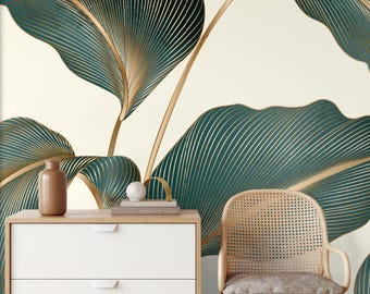 Tropical leaves wallpaper botanical patter Tropical Wall Decor | Home Renovation | Peel and Stick Or Non Self-Adhesive Vinyl Wallpaper