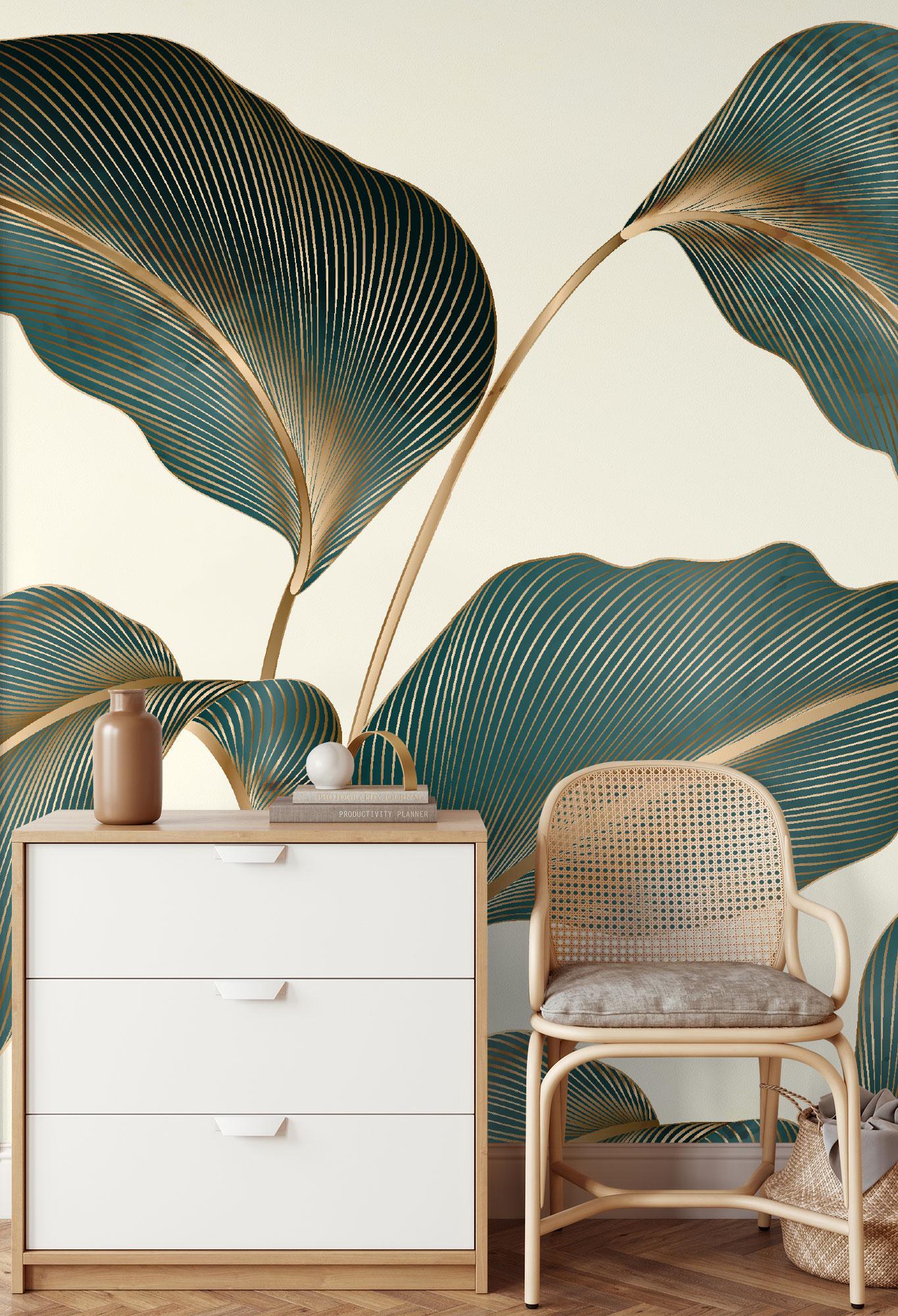 Tropical leaves wallpaper botanical patter Tropical Wall Decor | Home Renovation | Peel and Stick Or Non Self-Adhesive Vinyl Wallpaper