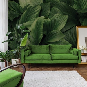 Image showcasing Dark Green Leaves Wallpaper | Botanical Wall Decor | Home Renovation ...