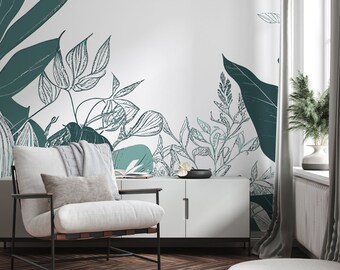 Botanical wallpaper, flower and leaf | Wall Decor | Home Renovation | Wall Art | Peel and Stick Or Non Self-Adhesive Vinyl Wallpaper