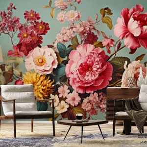 Floral garden wallpaper, baroque style mural | Wall Decor | Home Renovation | Wall Art | Peel and Stick Or Non Self-Adhesive Vinyl Wallpaper