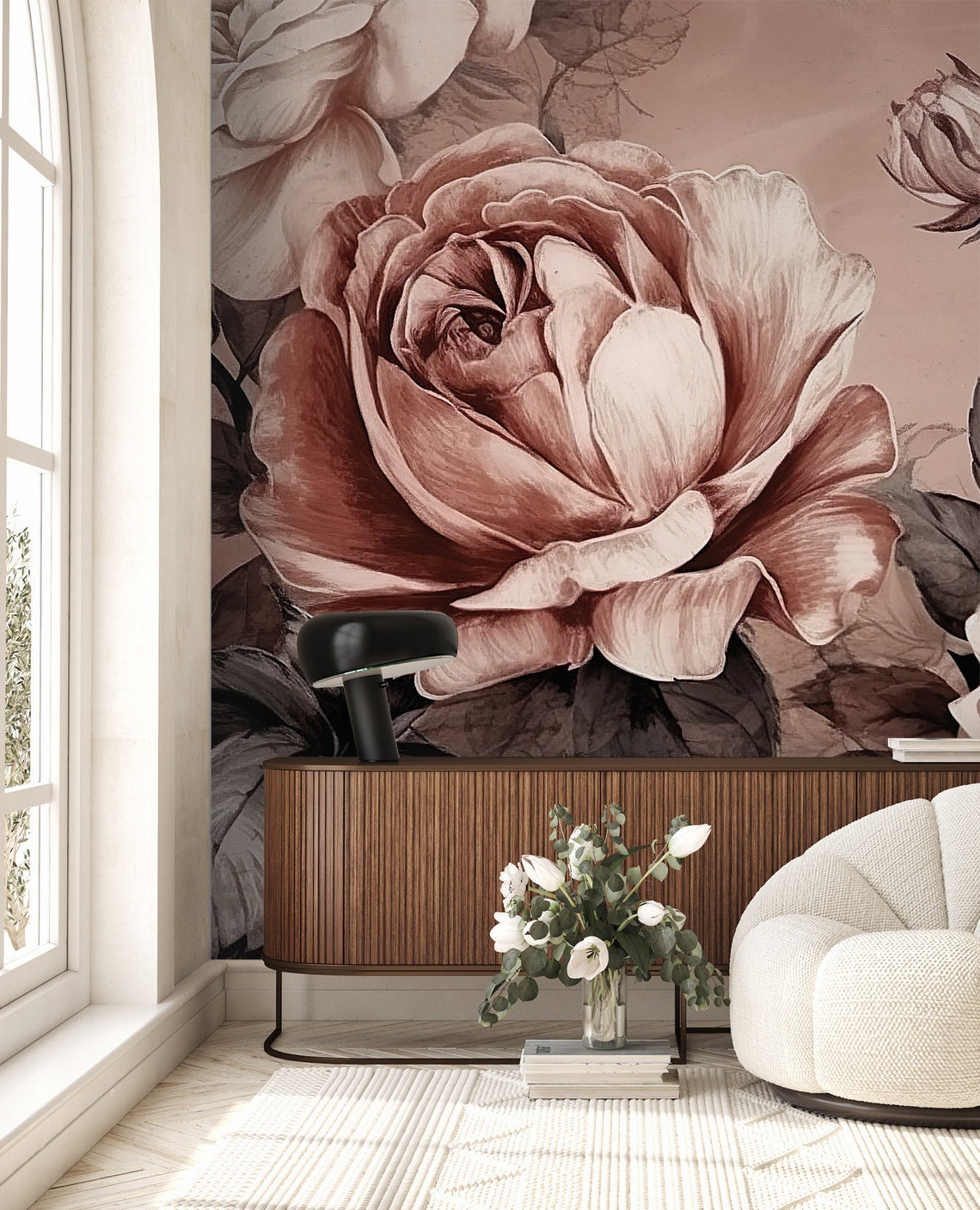 Watercolor Floral Wallpaper, Peony Mural Art Peel and Stick Floral Wall ...