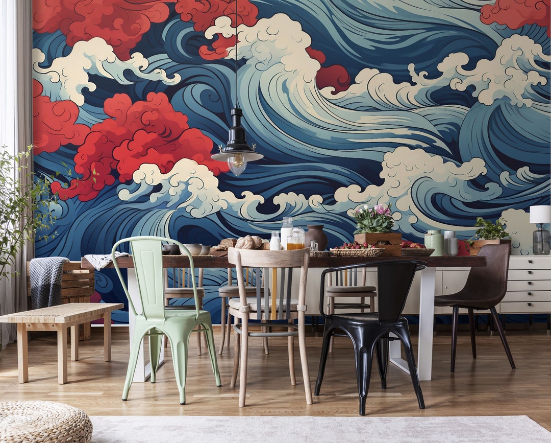 Sea Waves Blue & Red Abstract Wallpaper | Wall Decor | Home Renovation ...