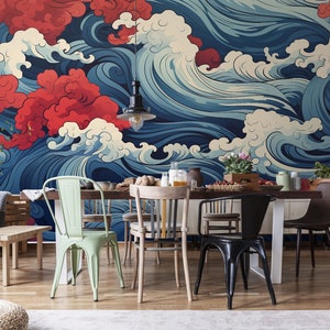 Carta da parati astratta blu e rossa con onde del mare / Decorazione della parete / Ristrutturazione della casa / Arte della parete / Carta da parati staccabile o non autoadesiva in vinile