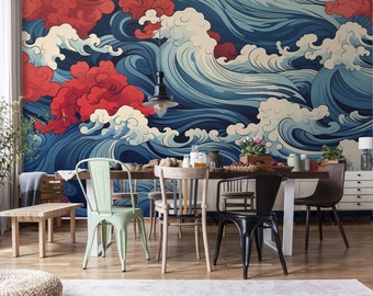 Vagues de la mer abstraites bleues et rouges Papier peint | Décoration murale | Rénovation domiciliaire | Art mural | Papier peint autocollant ou autocollant