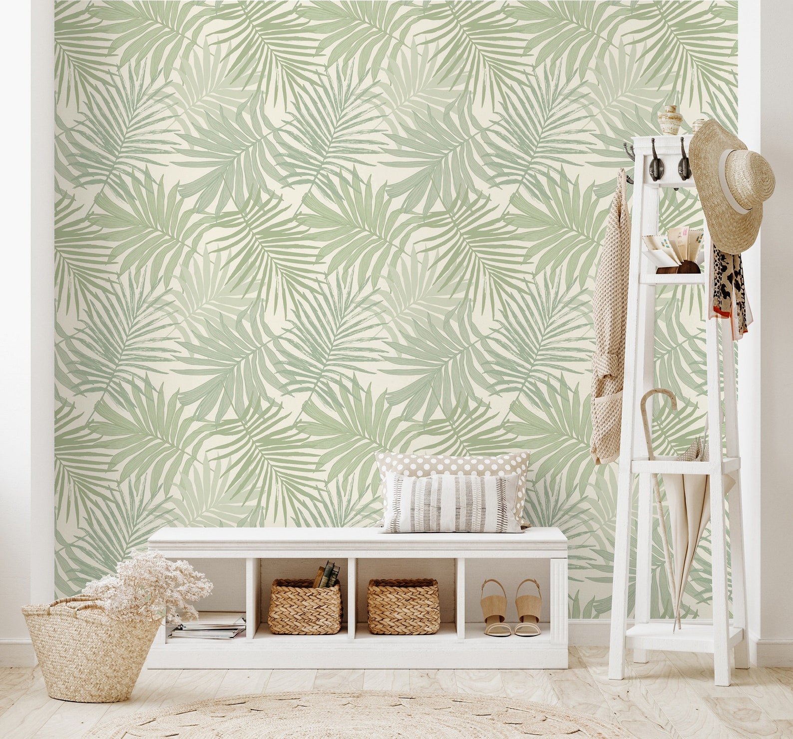 Pastel Green Palm Leaves Tropical Wallpaper | Wall Decor | Home ...