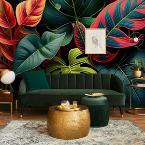 Carta da parati con foglie colorate, monstera tropicale / Decorazione da parete / Ristrutturazione della casa / Arte da parete / Carta da parati staccabile e incollabile o non autoadesiva in vinile