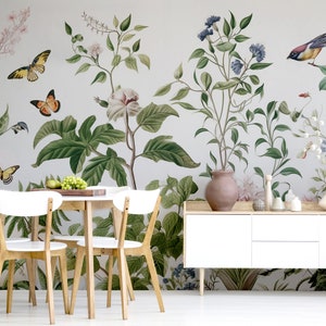 Floral and leaf wallpaper with butterfly | Wall Decor | Home Renovation | Wall Art | Peel and Stick Or Non Self-Adhesive Vinyl Wallpaper
