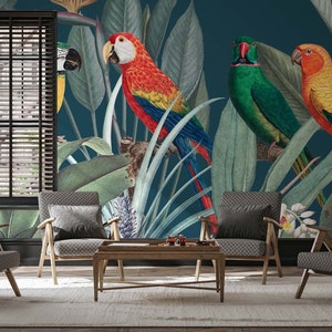 Papier peint jungle, décoration murale oiseaux tropicaux | Décoration murale | Rénovation domiciliaire | Art mural | Papier peint autocollant ou autocollant
