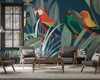 Jungle wallpaper, tropical birds wall mural | Wall Decor | Home Renovation | Wall Art | Peel and Stick Or Non Self-Adhesive Vinyl Wallpaper