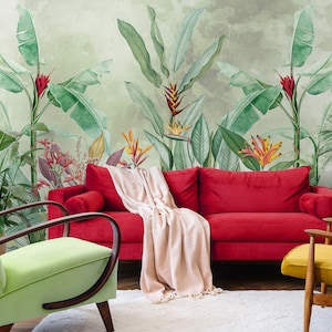 Bananenstaude Aquarell grüne Tapete | Tropisches Wanddekor | Haus-Renovierung | Schälen und kleben oder nicht selbstklebende Vinyltapete