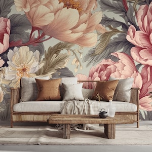 Floral wallpaper with retro peony flowers | Wall Decor | Home Renovation | Wall Art | Peel and Stick Or Non Self-Adhesive Vinyl Wallpaper