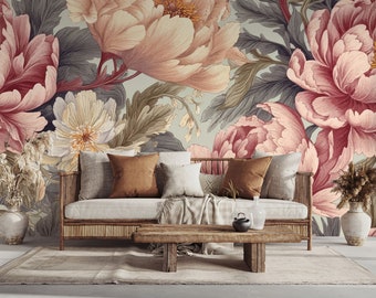Papel pintado floral con peonías retro / Decoración de pared / Reforma del hogar / Arte mural / Papel pintado de vinilo autoadhesivo o no autoadhesivo