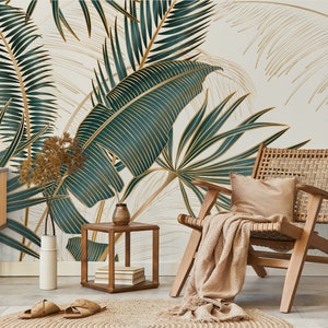 Carta da parati tropicale di lusso con foglie / Decorazione floreale da parete / Ristrutturazione della casa / Arte della parete / Carta da parati staccabile o non autoadesiva in vinile