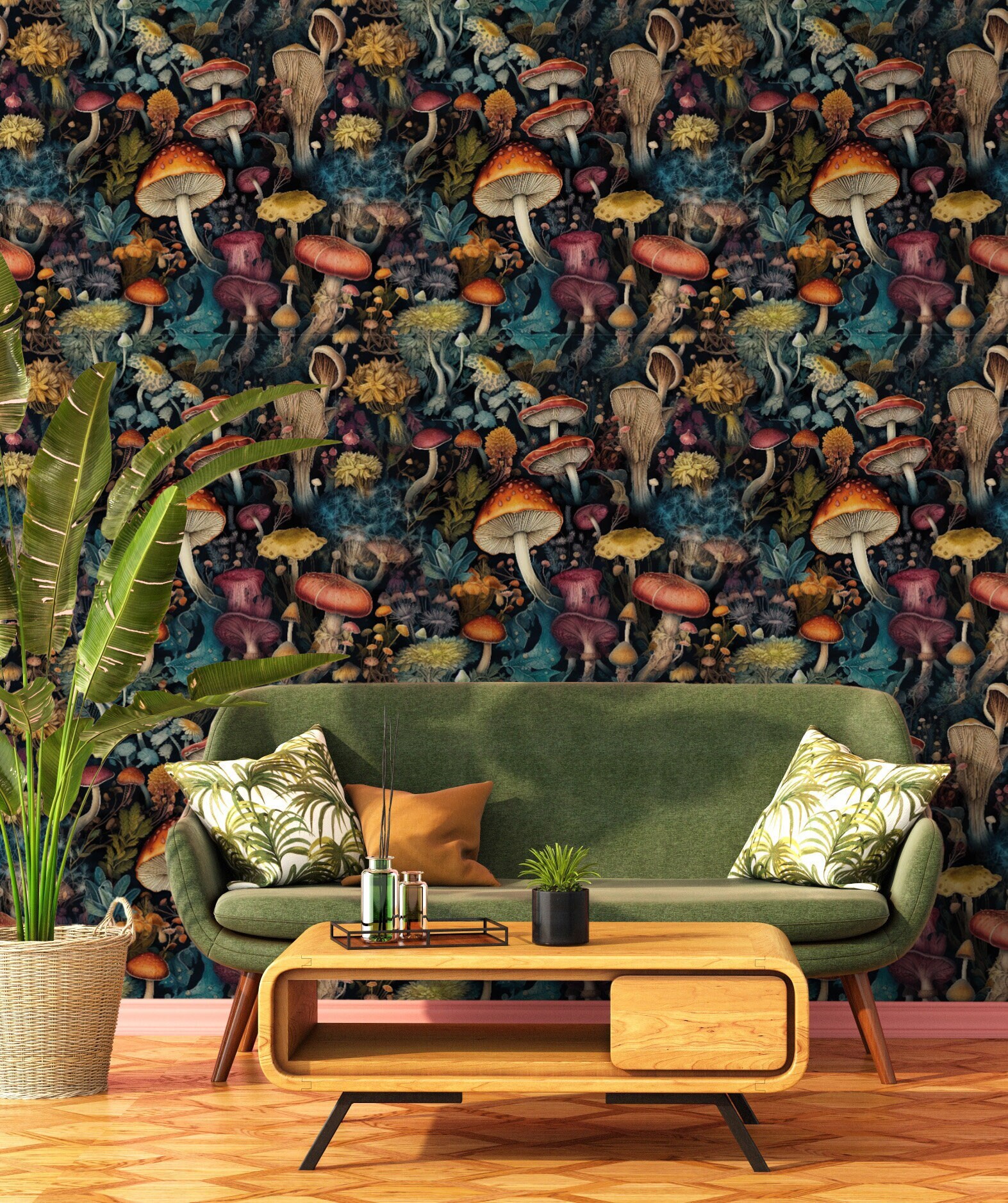 Vintage Dark Wallpaper With Mushroom Pattern Peel & Stick Wall Decor ...