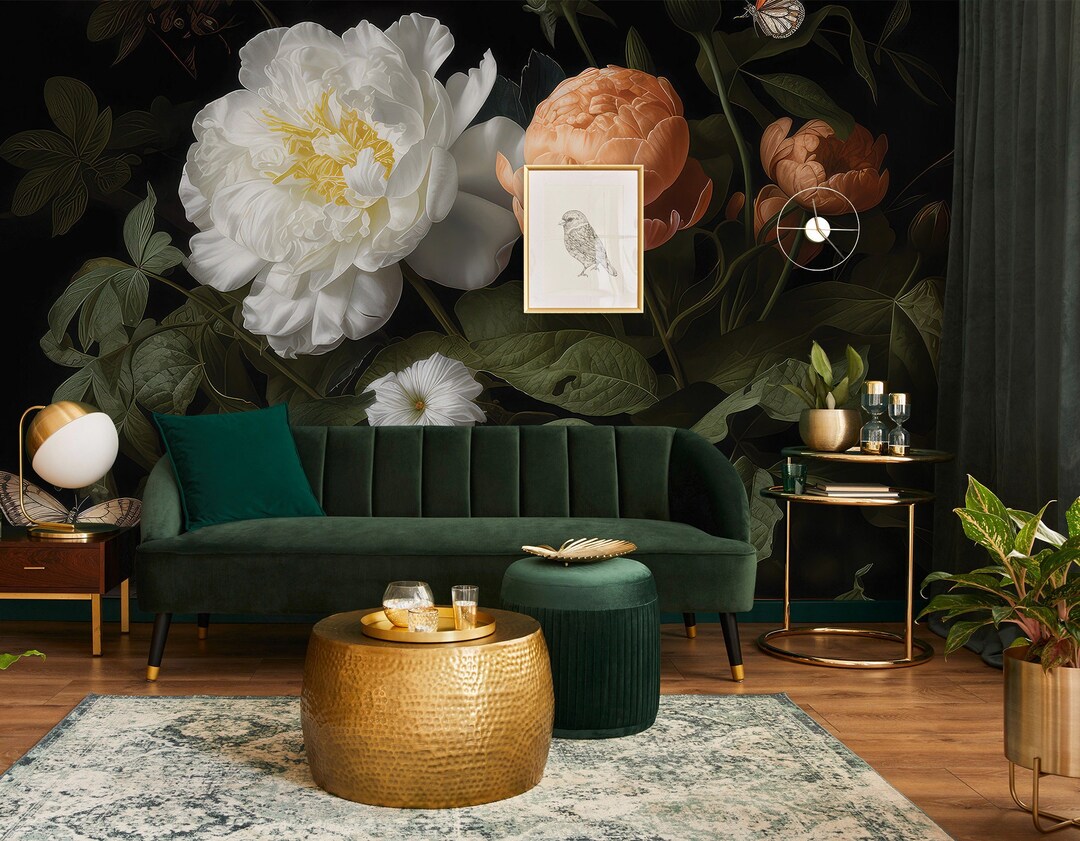 Dark Peony Flowers Wall Mural | Floral Wall Decor | Home Renovation ...