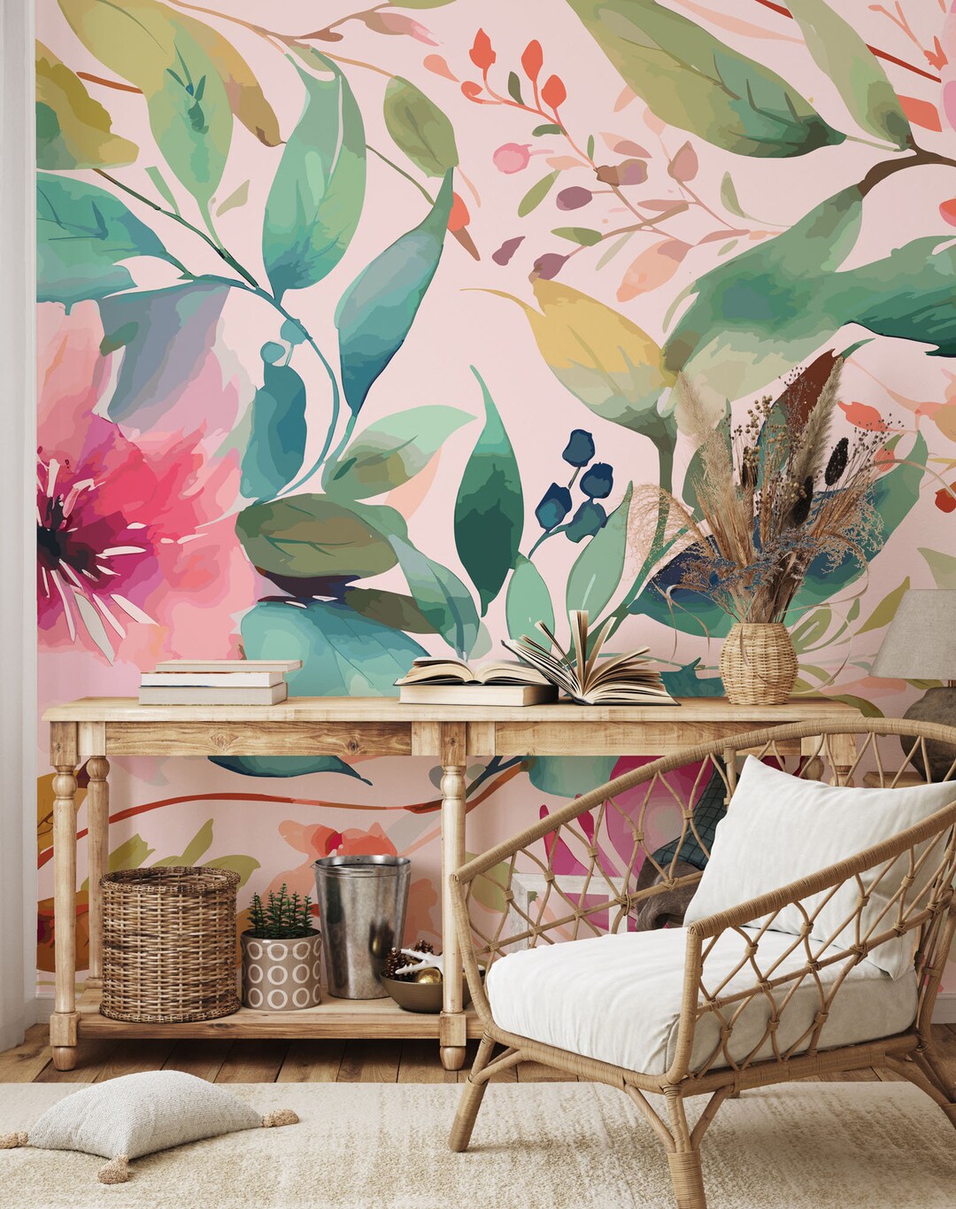 Watercolor Floral and Leaf Wallpaper | Wall Decor | Home Renovation ...
